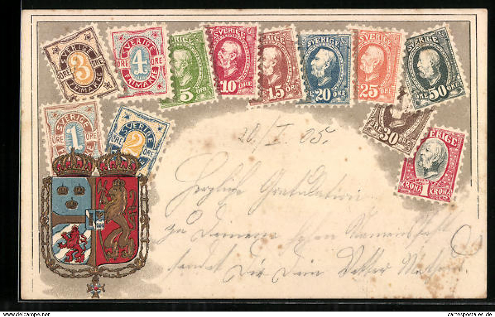 Präge-Lithographie Briefmarken Von Schweden Und Schwedisches Wappen  - Timbres (représentations)