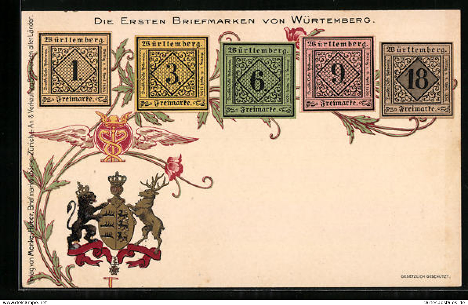 Lithographie Die Ersten Briefmarken Von Württemberg, Wappen Und Geflügeltes Wappenzeichen  - Briefmarken (Abbildungen)