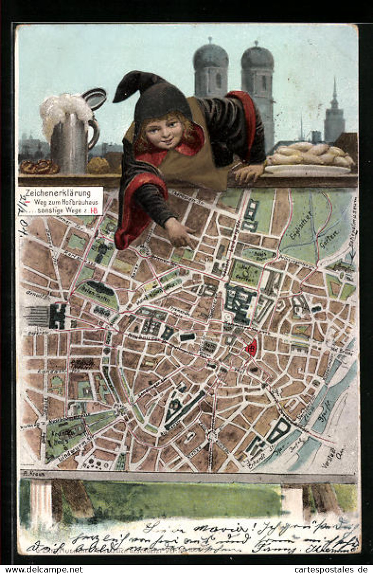 Lithographie München, Stadtplan Der Stadt Mit Münchner Kindl  - Landkarten