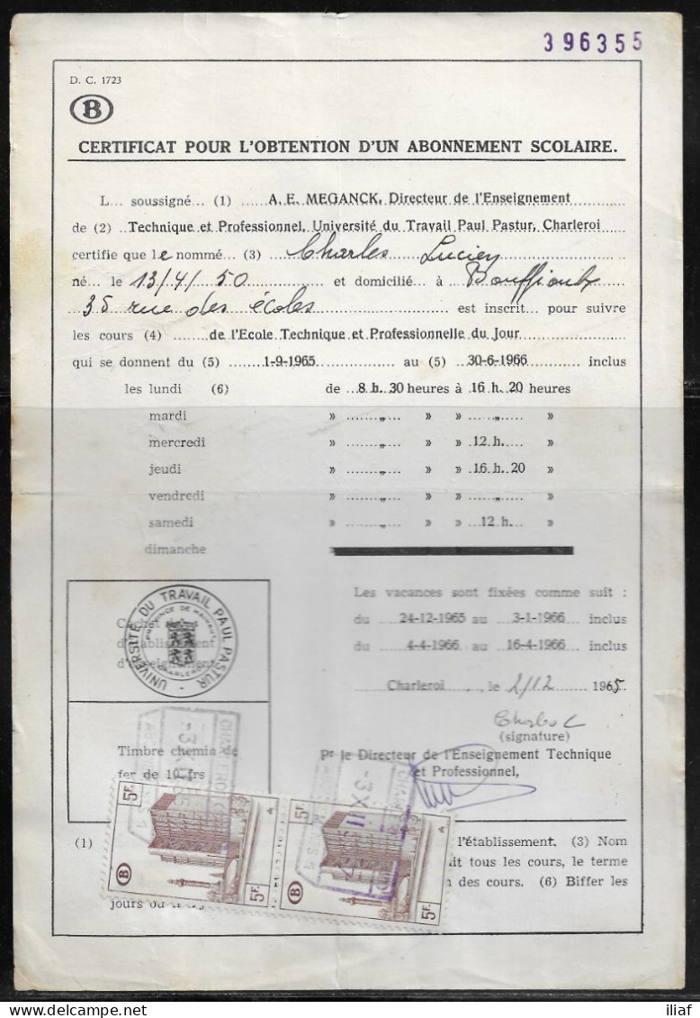Belgium Parcel Stamps Sc. Q348 On Document DC1723 “Certificate For Obtaining A School Subscription” Charleroi 3.12.65 - Dokumente & Fragmente
