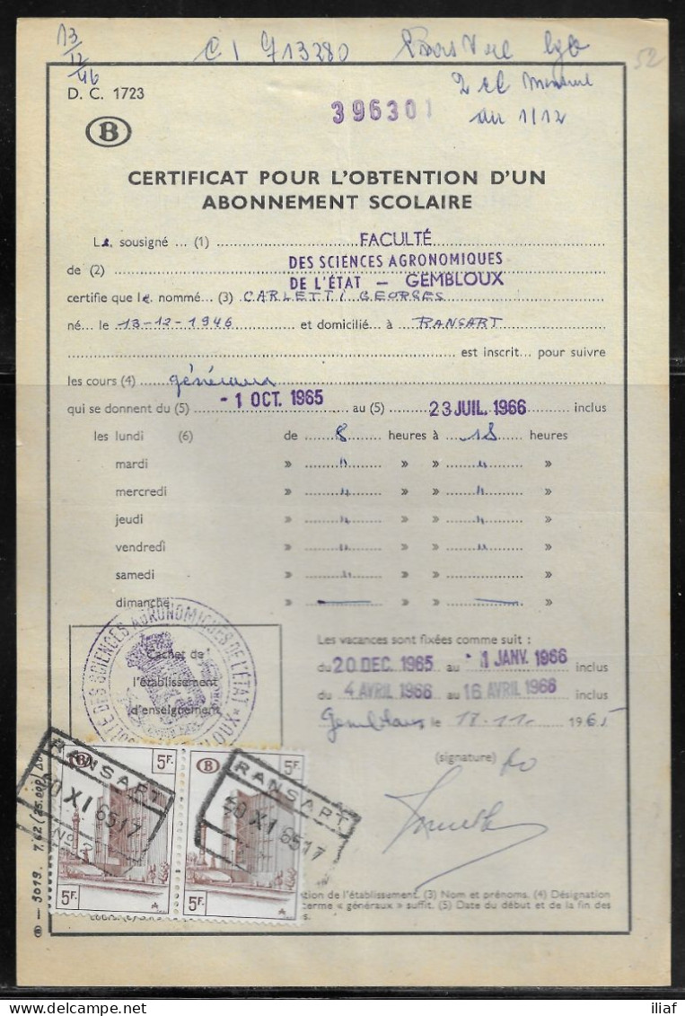 Belgium Parcel Stamps Sc. Q348 On Document DC1723 “Certificate For Obtaining A School Subscription” Ransart 20.11.65 - Dokumente & Fragmente