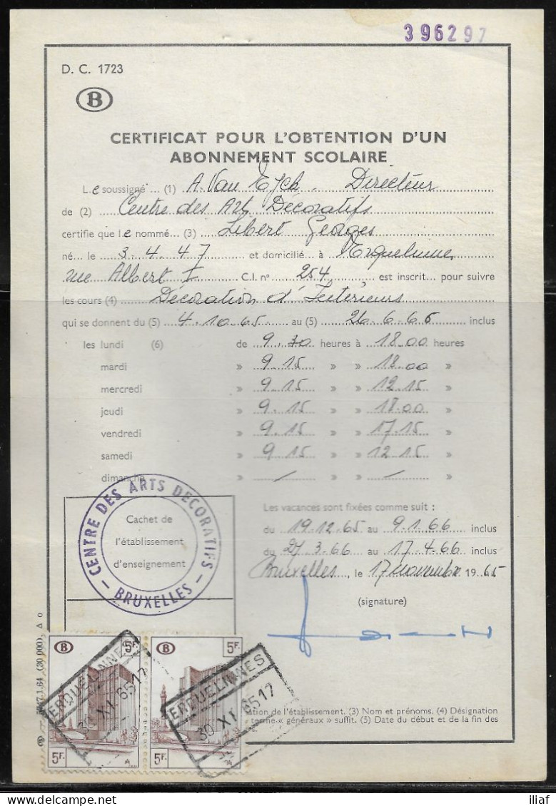 Belgium Parcel Stamps Sc. Q348 On Document DC1723 “Certificate For Obtaining A School Subscription” Erquelinnes 30.11.65 - Dokumente & Fragmente