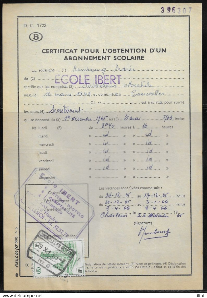 Belgium Parcel Stamp Sc. Q353 On DC1723 “Certificate For Obtaining A School Subscription” Courcelles-Motte 29.11.65 - Dokumente & Fragmente