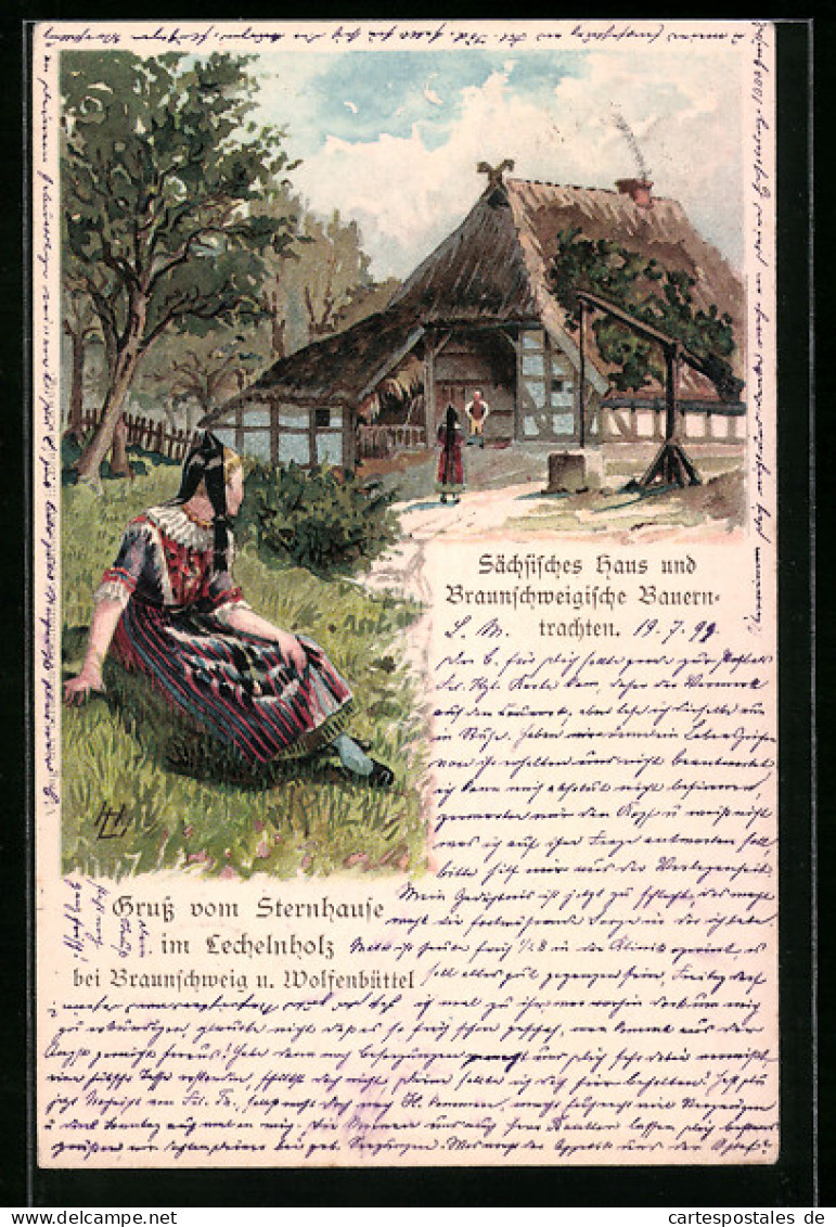 Lithographie Braunschweig, Sternhause Im Lechelnholz, Sächsisches Haus Und Braunschweigsche Bauerntrachten  - Braunschweig