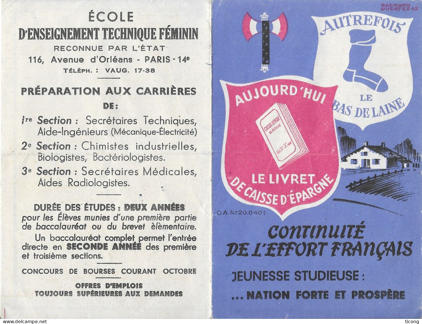 CALENDRIER 1944 - CONTINUITE DE L EFFORT FRANCAIS JEUNESSE STUDIEUSE NATION FORTE ET PROSPERE, SIGNEE RAYMOND DUCATEZ - Small : 1941-60