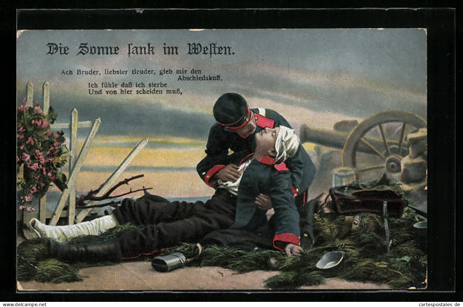AK Die Sonne Sank Im Westen, Soldat Stützt Seinen Verwundeten Kamerad  - Rotes Kreuz