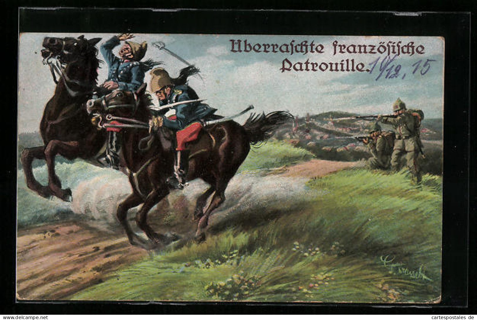 Künstler-AK Überraschte Französische Patrouille, Dragoner  - Weltkrieg 1914-18