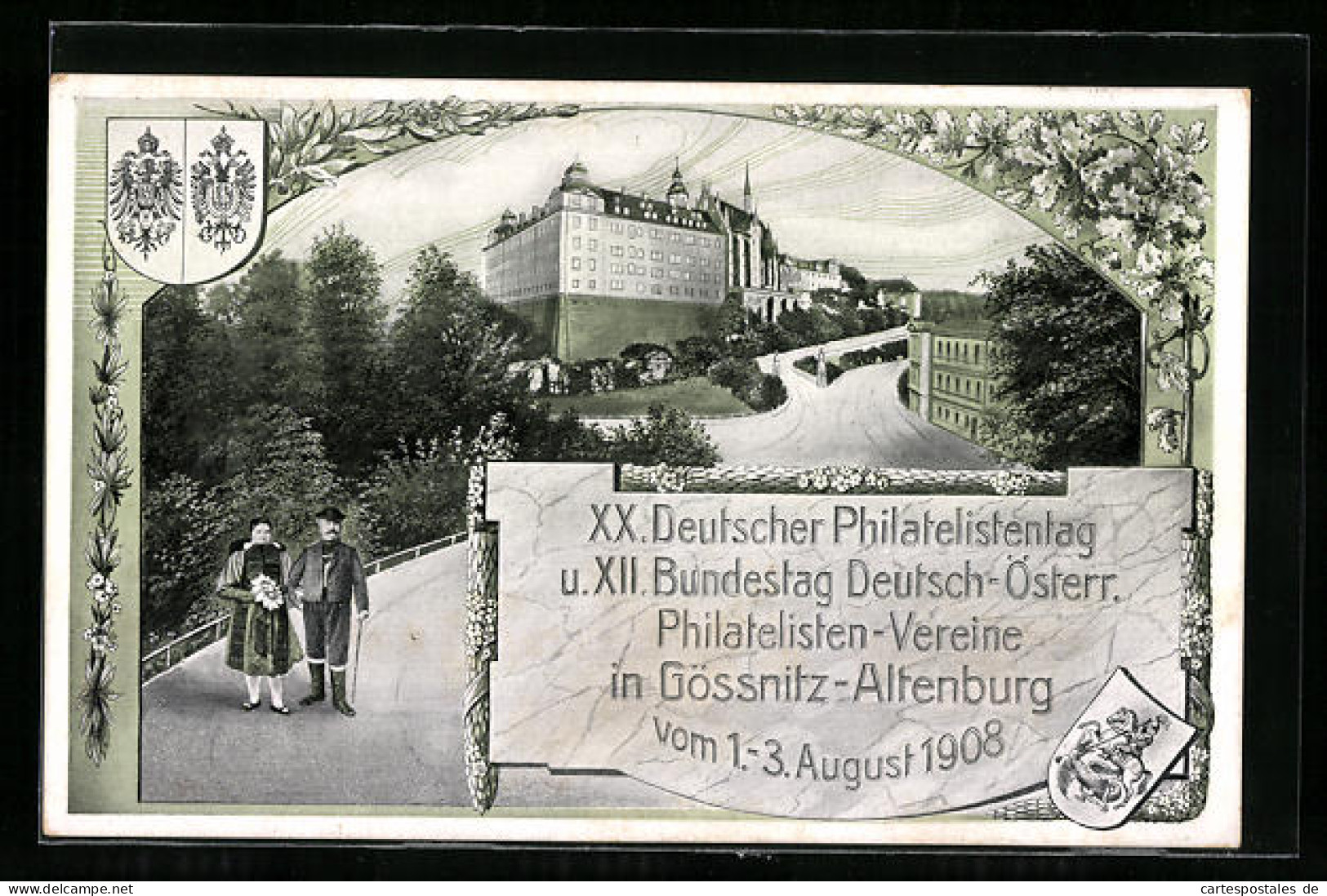AK Gössnitz-Altenburg, XX. Deutscher Philatelistentag U. XII. Bundestag Deutsch-Österr. Philatelisten-Vereine 1908  - Stamps (pictures)