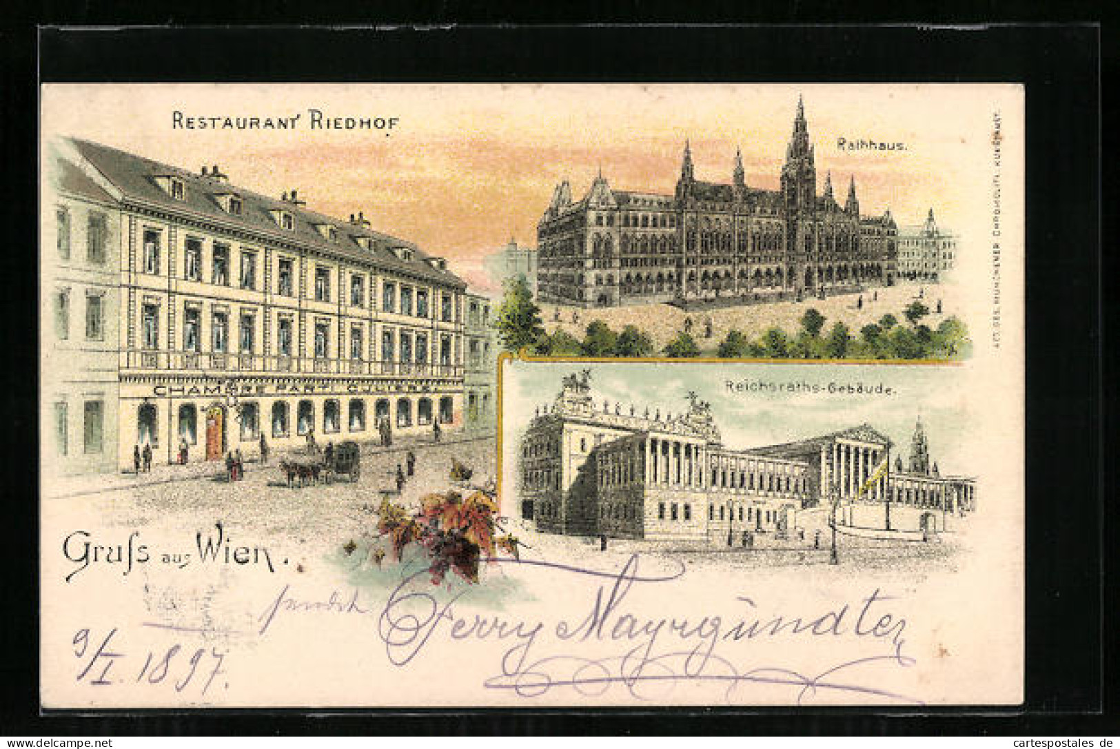 Lithographie Wien, Restaurant Riedhof, Rathaus, Reichsraths-Gebäude, Schlösselgasse 14 Und Wickenburggasse 15  - Sonstige & Ohne Zuordnung