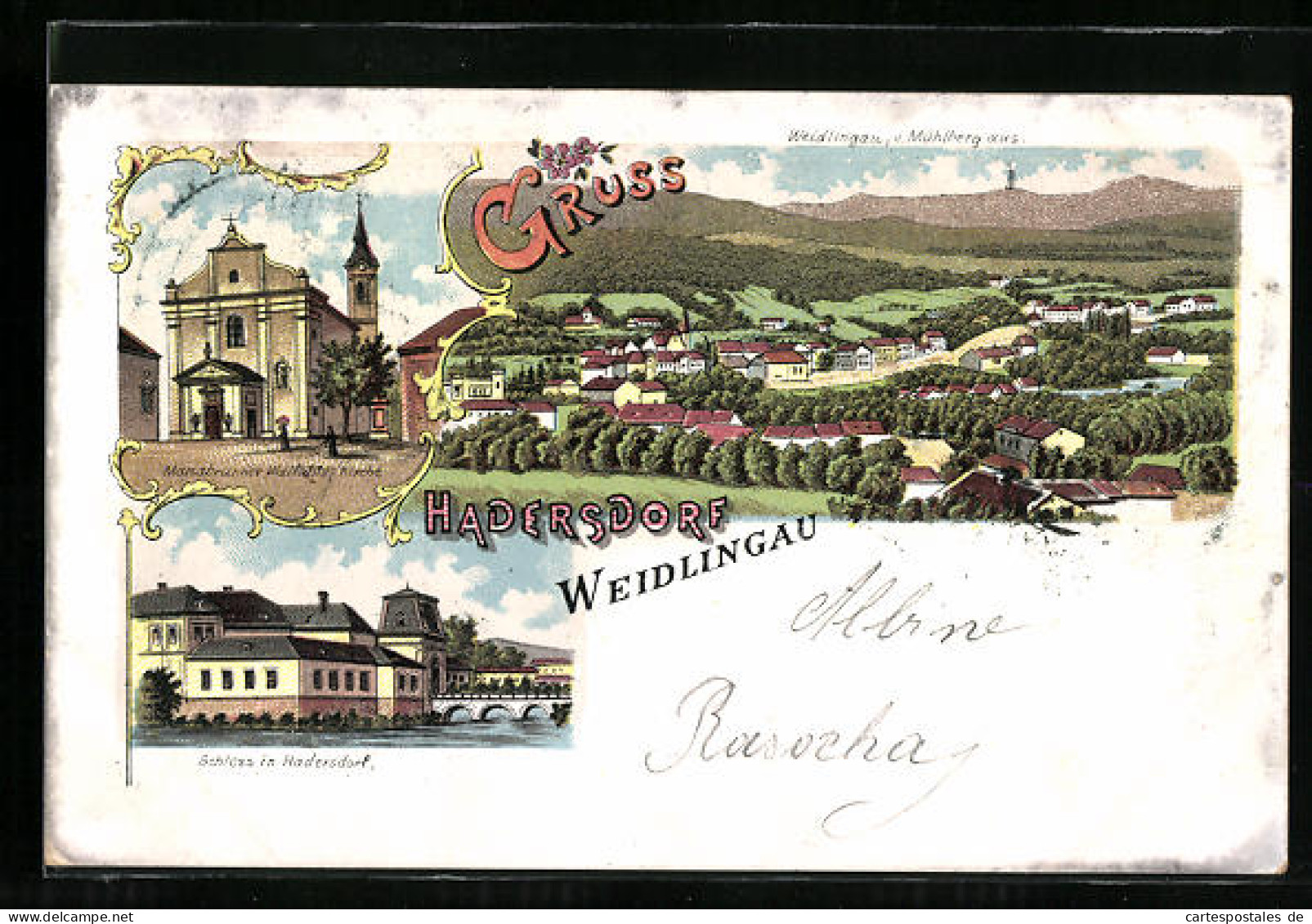 Lithographie Wien-Hadersdorf, Schloss In Hadersdorf, Weidlingau Vom Mühlberg Aus, Mariabrunner Wohlfahrts-Kirche  - Sonstige & Ohne Zuordnung