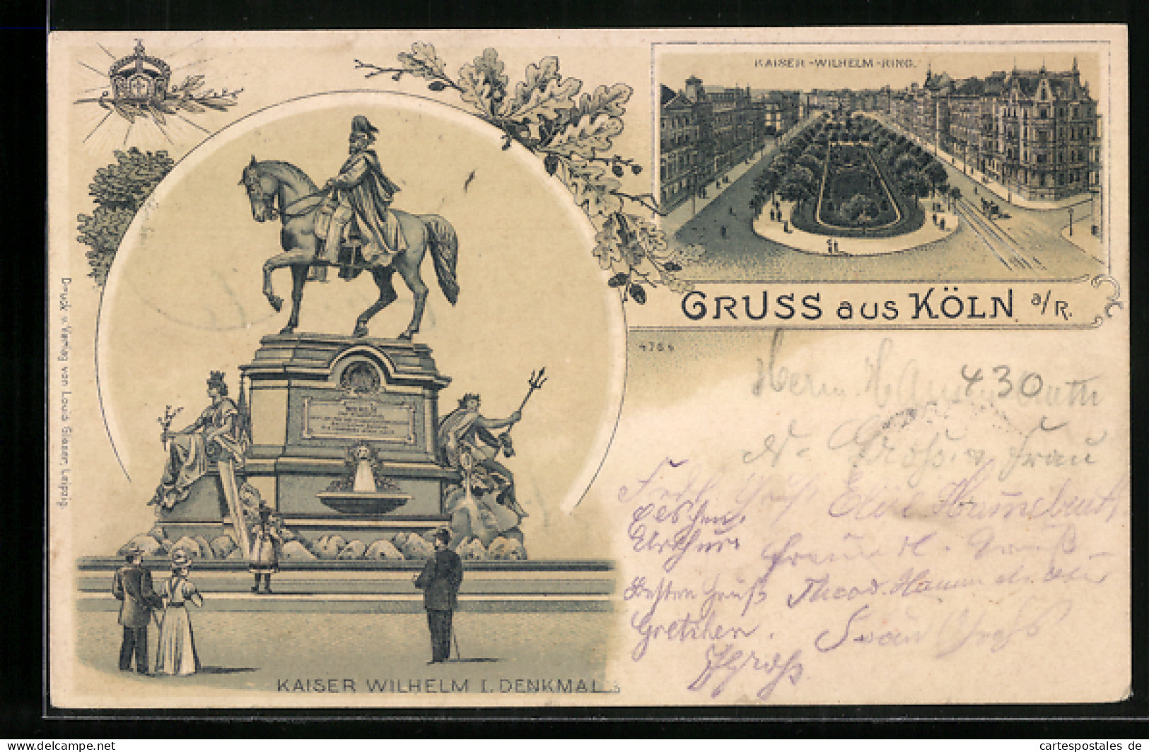 Lithographie Köln A. R., Kaiser Wilhelm I. Denkmal Und Kaiser Wilhelm-Ring  - Köln