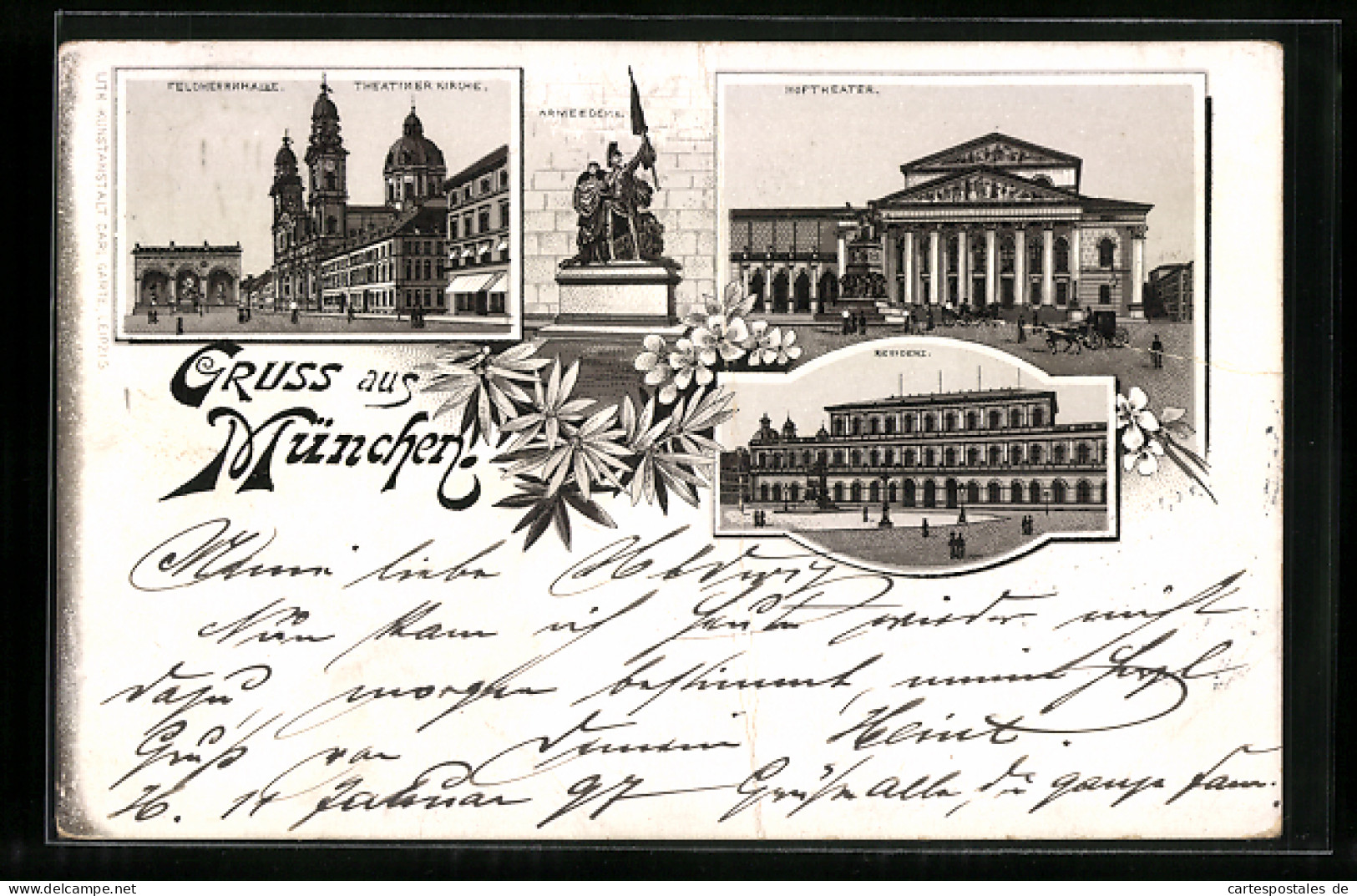 Lithographie München, Feldherrnhalle & Theatinerkirche, Hoftheater, Residenz  - Theatre