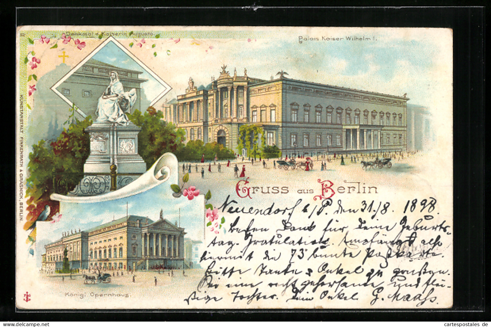Lithographie Berlin, Palais Kaiser Wilhelm I., Denkmal Kaiserin Augusta, Königl. Opernhaus  - Mitte