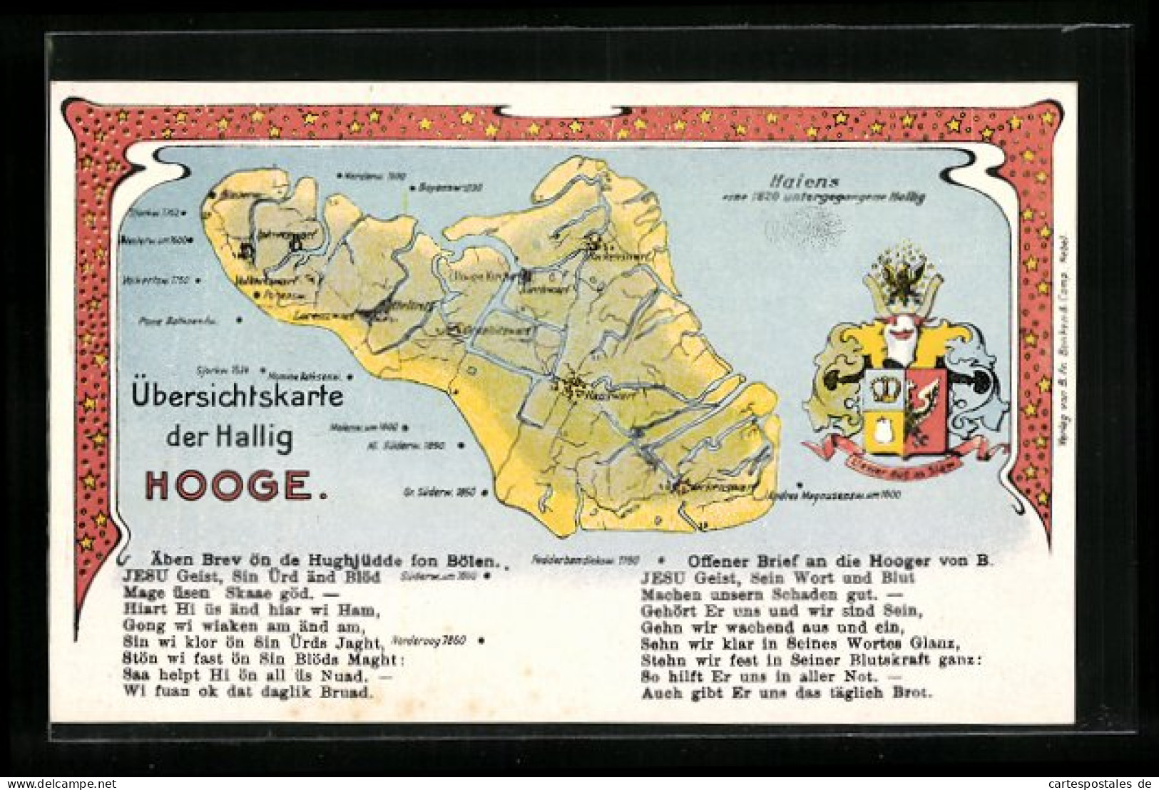 Künstler-AK Hallig Hooge, Landkarte Der Hallig Hooge, Wappen  - Maps
