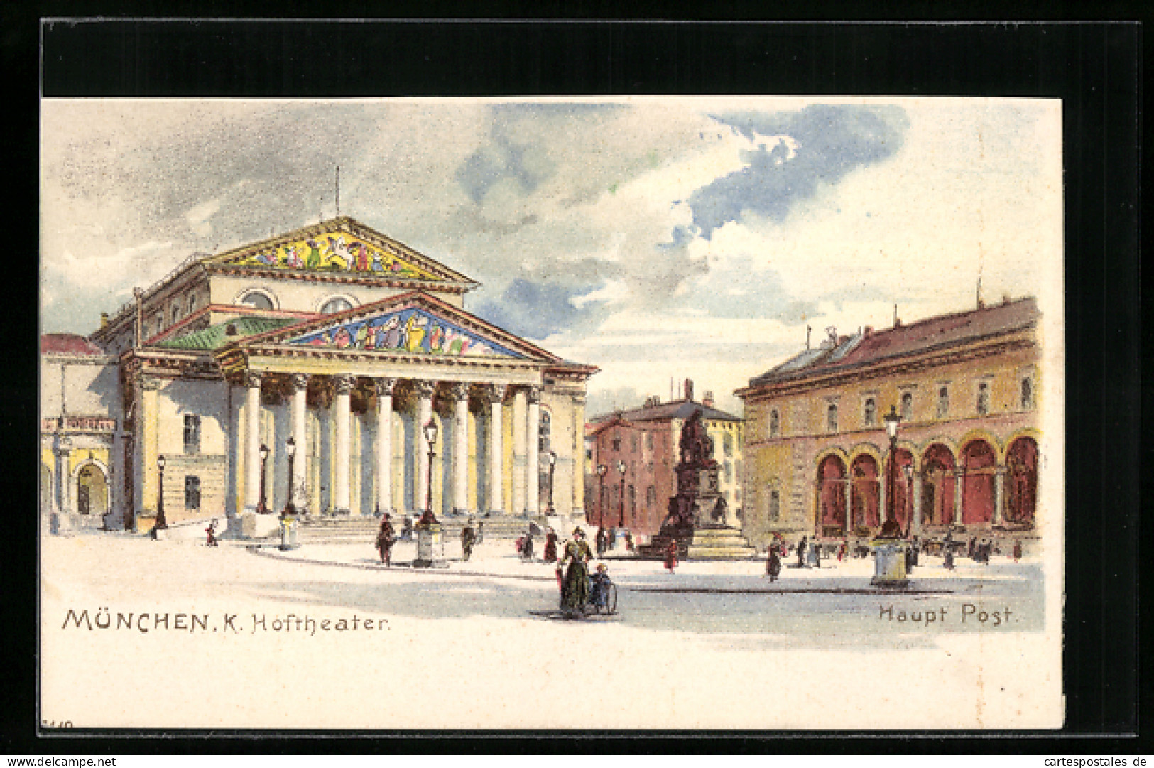 Lithographie München, Die Hauptpost Vor Dem K. Hoftheater  - Teatro