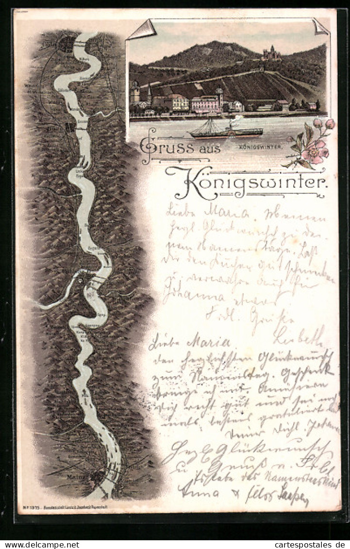 Lithographie Königswinter, Panorama, Flusslauf Mit Umgebung  - Königswinter