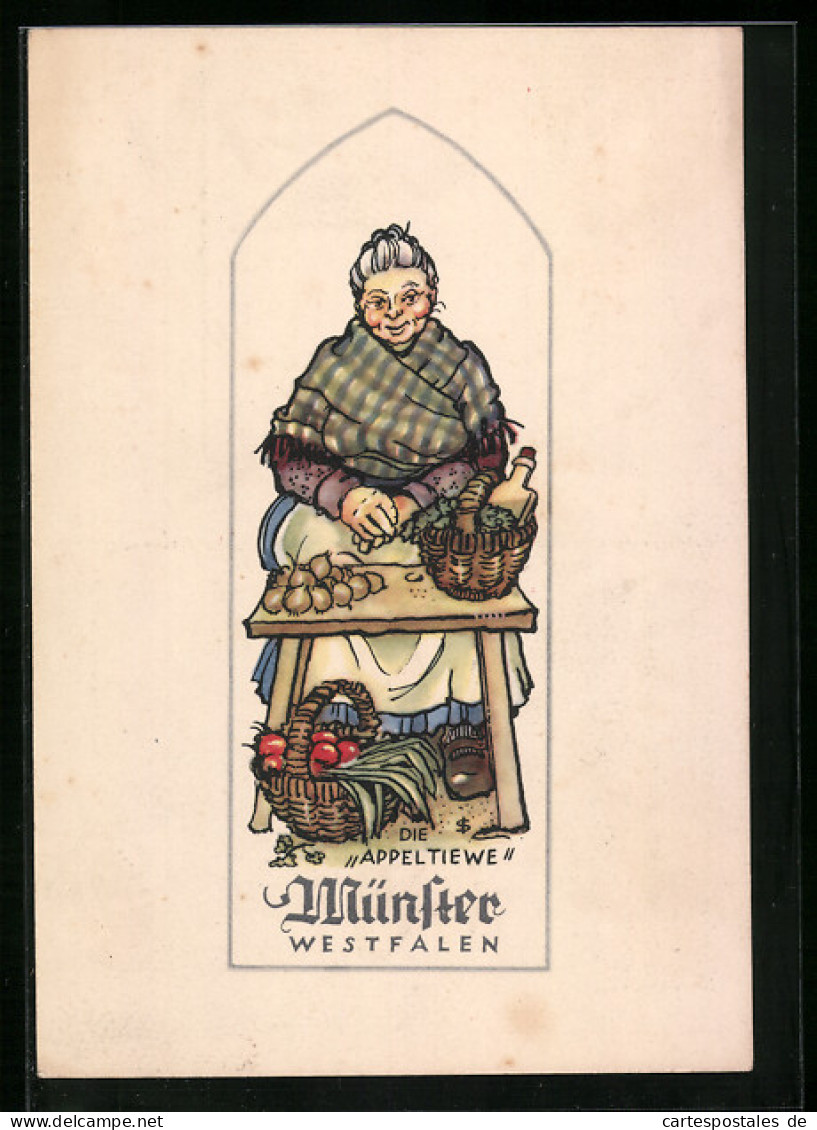 Künstler-AK Münster I. W., Die Appeltiewe, Marktfrau, Münsterisches Original  - Muenster
