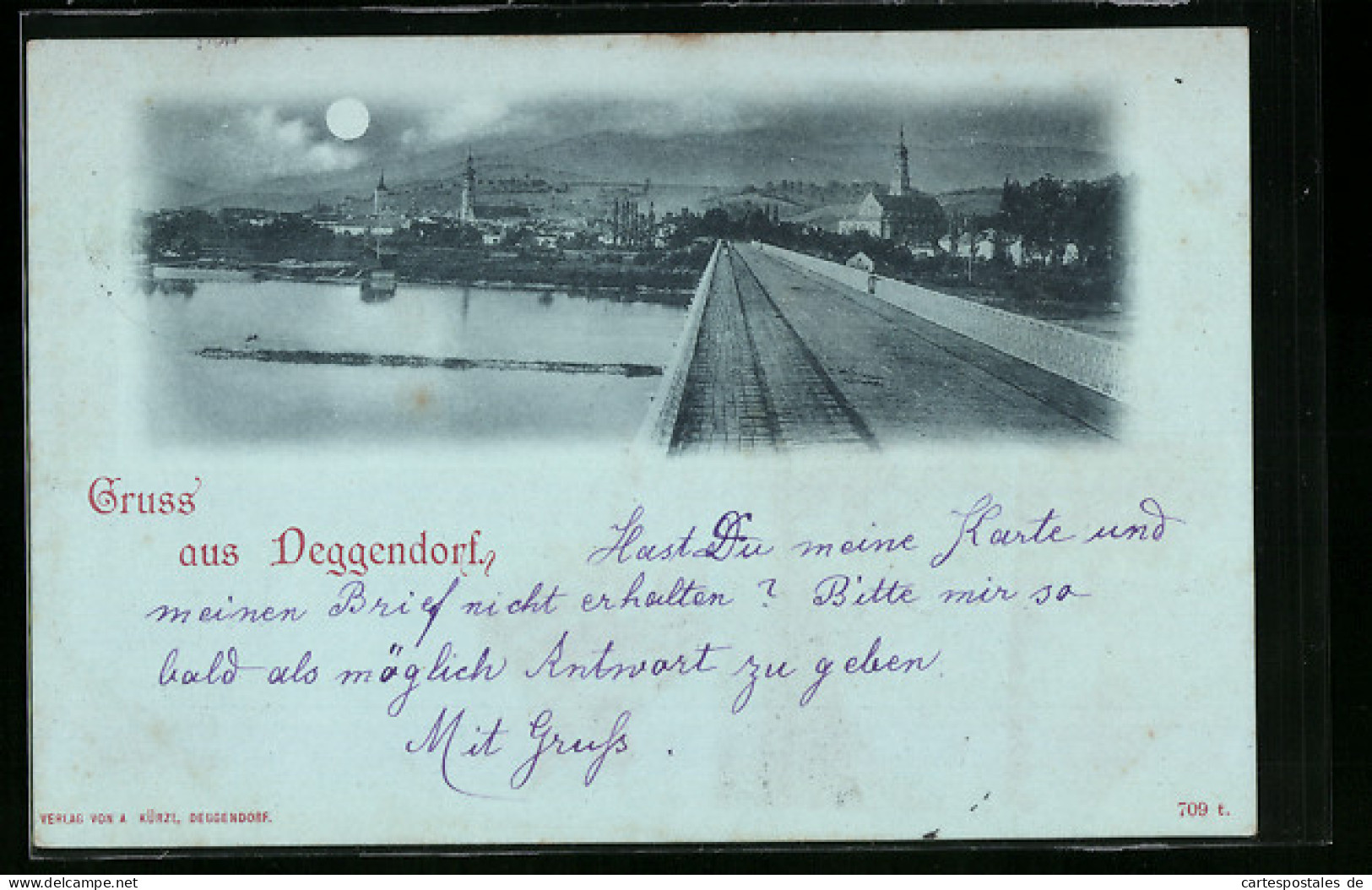 Mondschein-AK Deggendorf, Flusspartie Mit Ortsansicht Bei Nacht  - Deggendorf