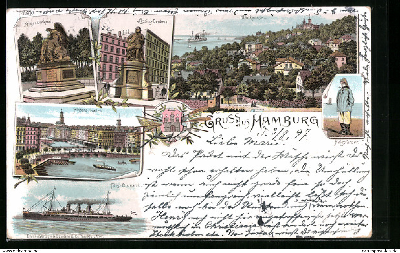 Lithographie Hamburg, Lessing-Denkmal, Alsterarkaden, Blankenese, Helgoländer, Dampfschiff Fürst Bismarck  - Blankenese