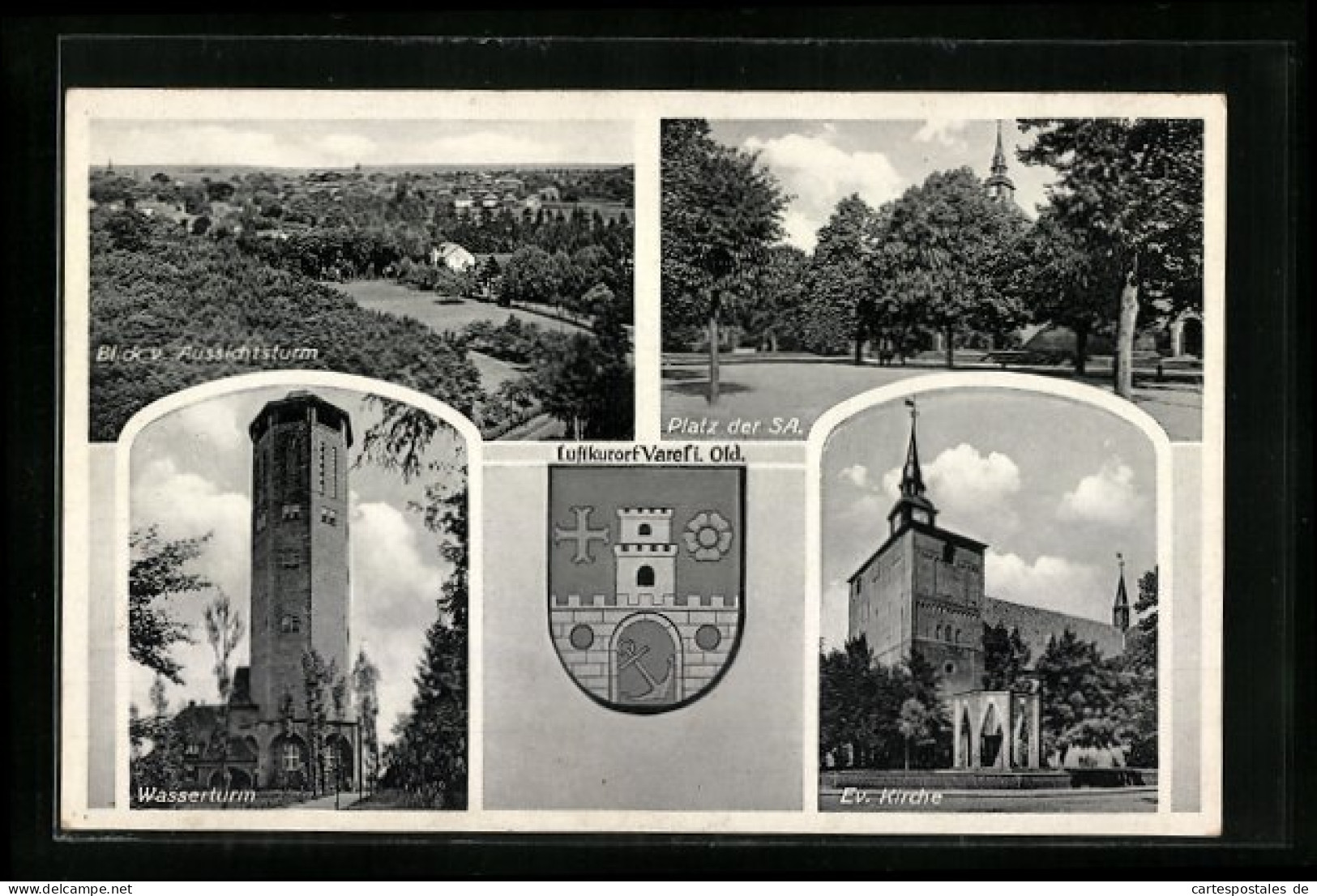 AK Varel I. Old., Platz Der SA., Ev. Kirche, Wasserturm, Wappen  - Varel