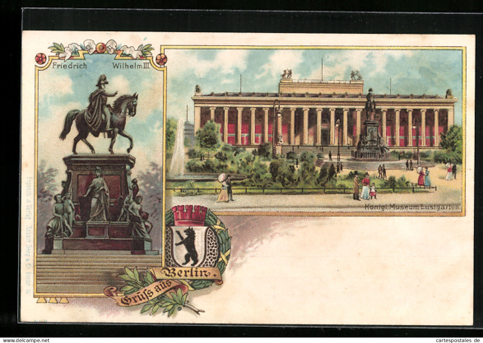 Lithographie Berlin, Kgl. Museum Mit Lustgarten, Denkmal Friedrich Wilhelm III., Wappen  - Mitte