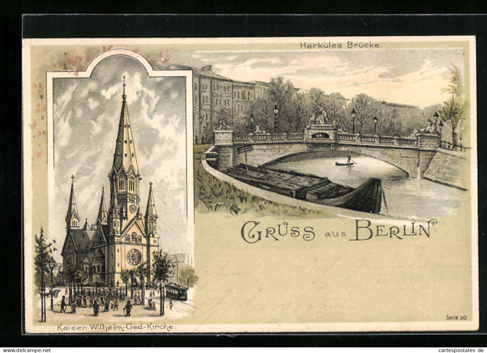 Lithographie Berlin, Herkules-Brücke, Kaiser Wilhelm Gedächtnis-Kirche  - Tiergarten