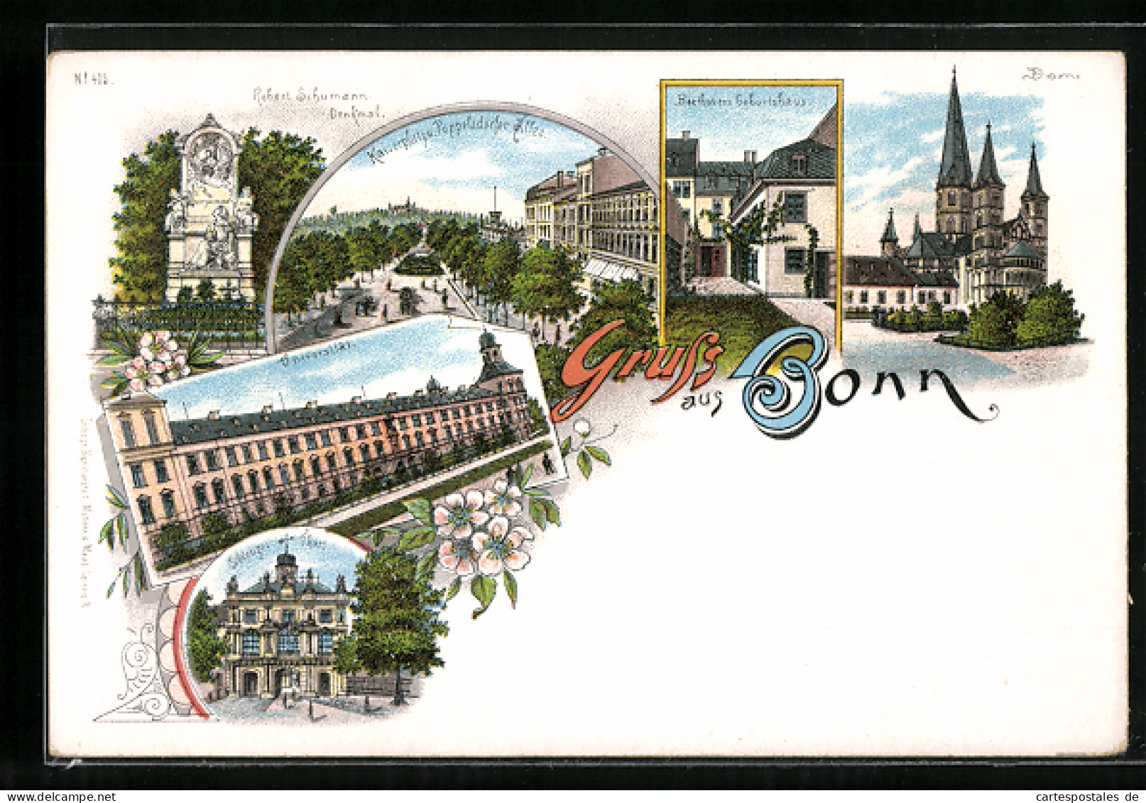 Lithographie Bonn, Kaiserplatz & Poppelsdorfer Allee, Dom, Universität, Thor  - Bonn