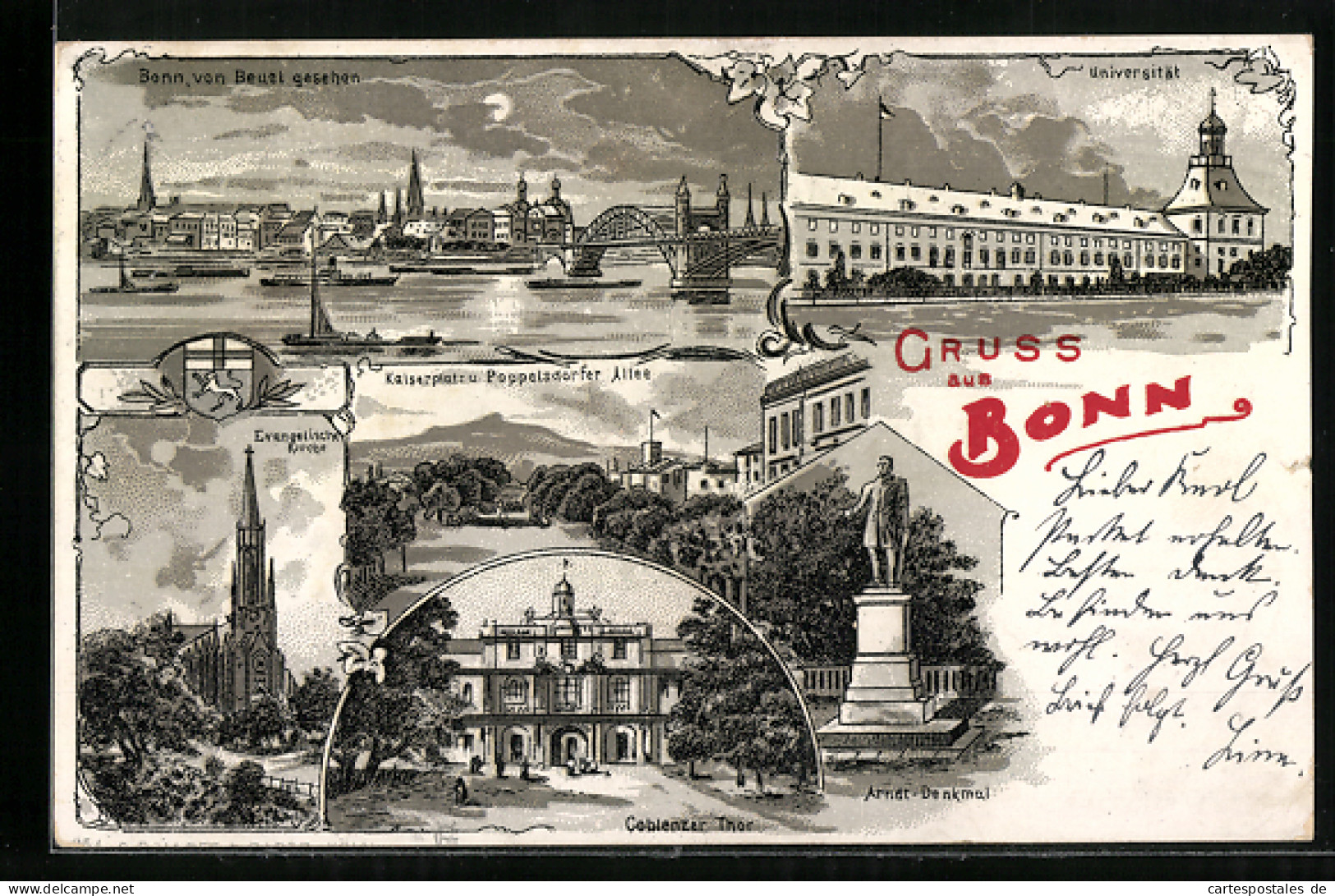 Lithographie Bonn, Evang. Kirche, Coblenzer Thor, Arndt-Denkmal, Universität  - Bonn