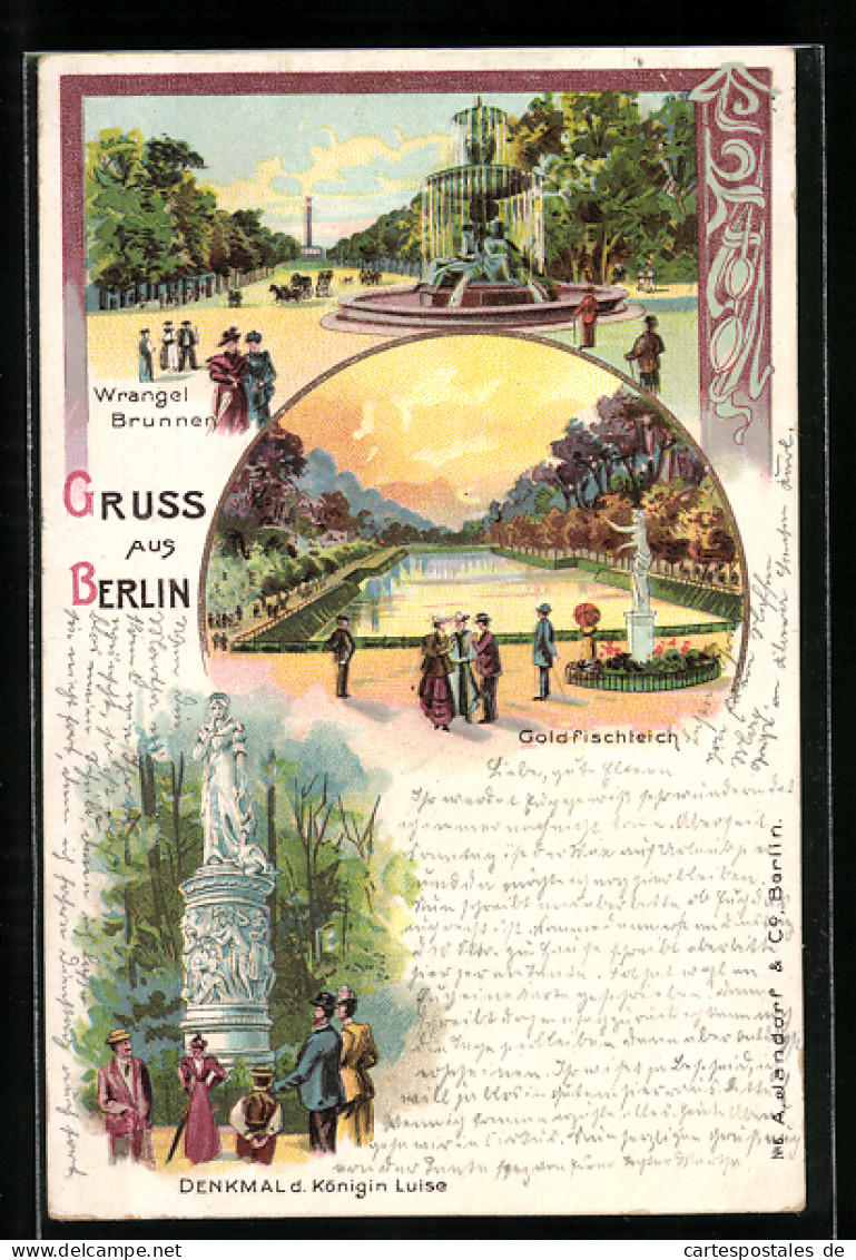 Lithographie Berlin-Tiergarten, Wrangel-Brunnen, Goldfischteich, Denkmal Der Königin Luise  - Tiergarten