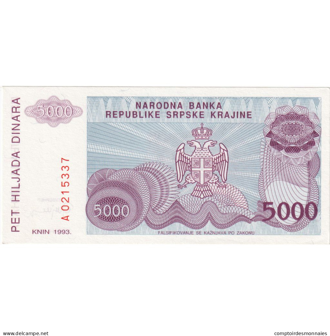 Bosnie-Herzégovine, 5000 Dinara, 1993, KM:149a, NEUF - Bosnia Y Herzegovina