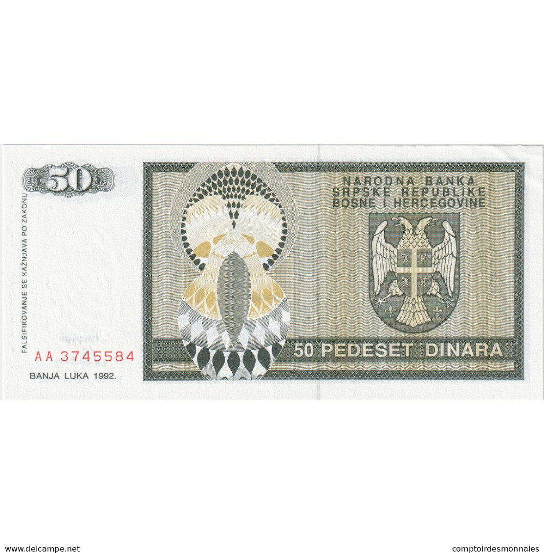 Bosnie-Herzégovine, 50 Dinara, 1992, KM:134a, NEUF - Bosnia Y Herzegovina