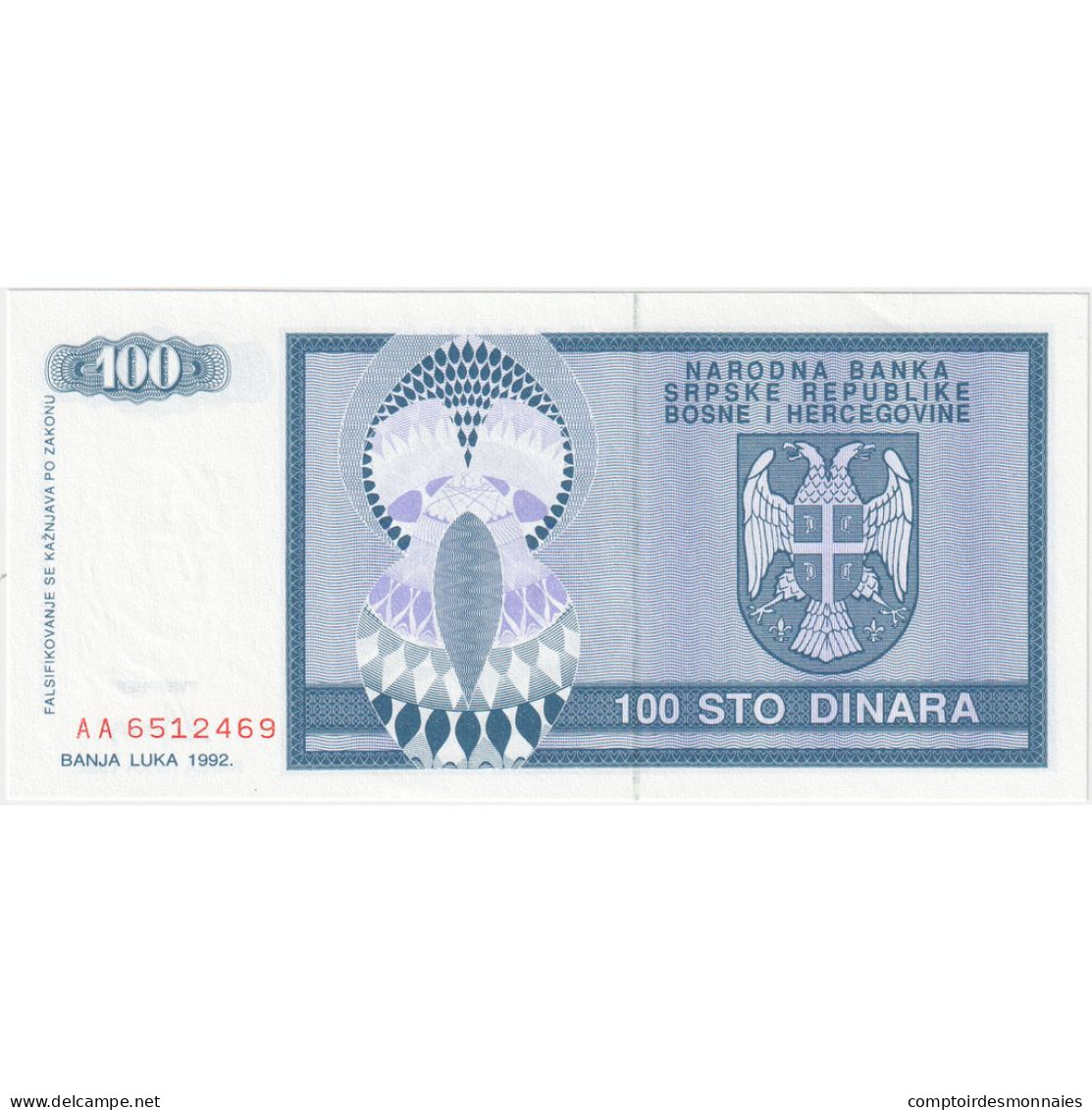 Bosnie-Herzégovine, 100 Dinara, 1992, KM:135a, NEUF - Bosnia Y Herzegovina