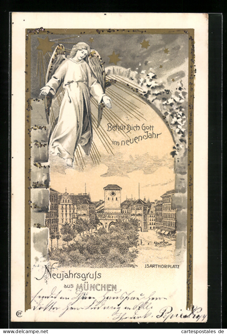 Lithographie München, Neujahrsgruss Mit Engel Am Isarthorplatz  - München