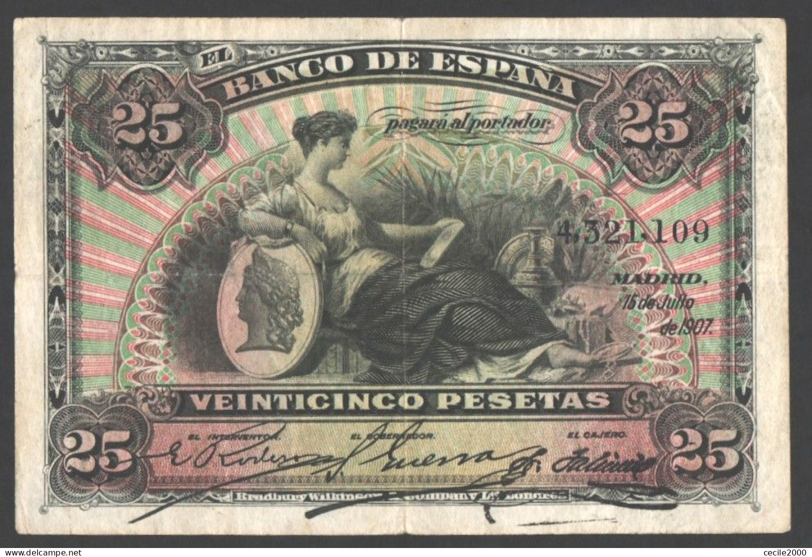 SCARCE SPAIN BANKNOTE 25 PESETAS 1907 VF+ BILLETE ESPAÑA ALEGORIAS *COMPRAS MULTIPLES CONSULTAR* - 1-2-5-25 Pesetas