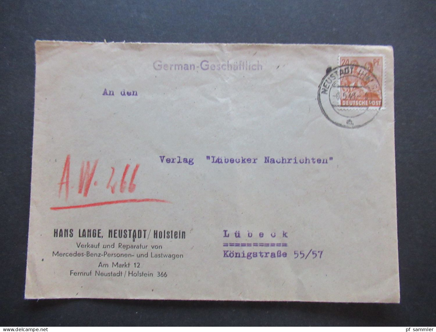 Kontrollrat 6.5.1948 Firmenumschlag Thematik Auto Hans Lange Neustadt In Holstein Mercedes Benz Personen Und Lastwagen - Storia Postale