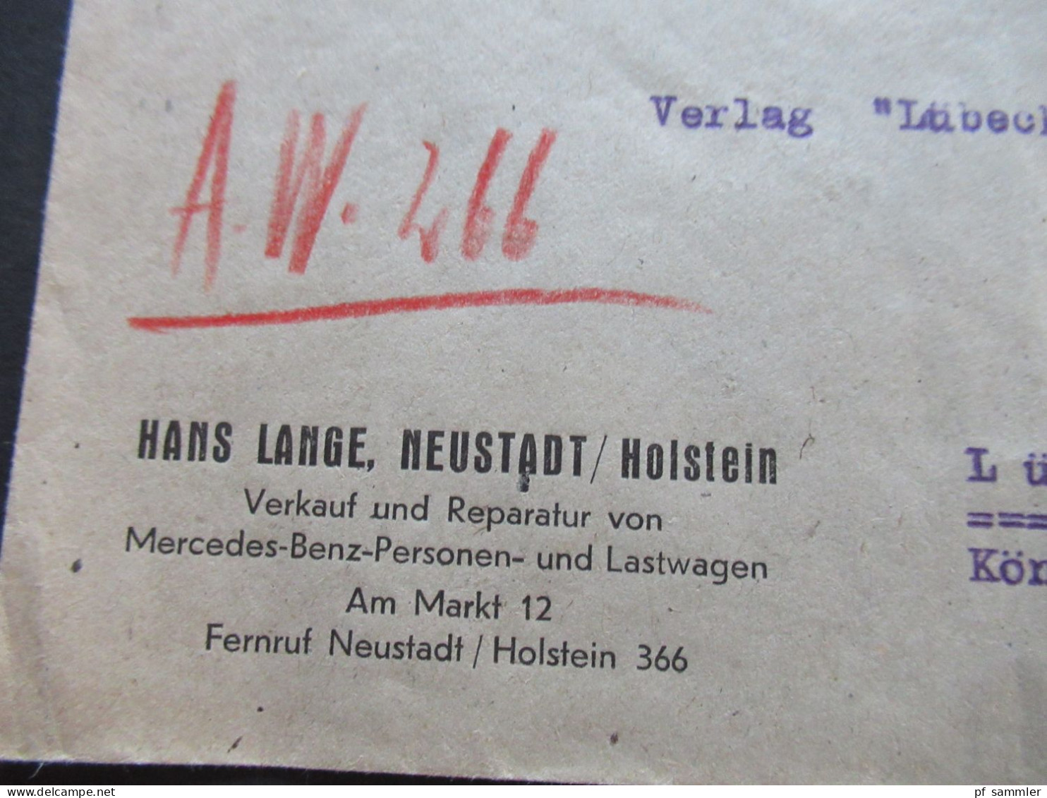 Kontrollrat 6.5.1948 Firmenumschlag Thematik Auto Hans Lange Neustadt In Holstein Mercedes Benz Personen Und Lastwagen - Briefe U. Dokumente