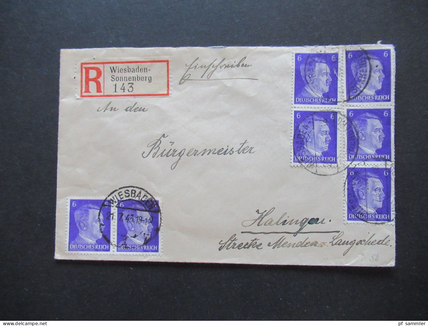 Hitler Nr.785 (7) MeF Einschreiben Wiesbaden Sonnenberg - Halingen Strecke Menden - Langschede Stempel Schwerte (Ruhr) - Cartes Postales