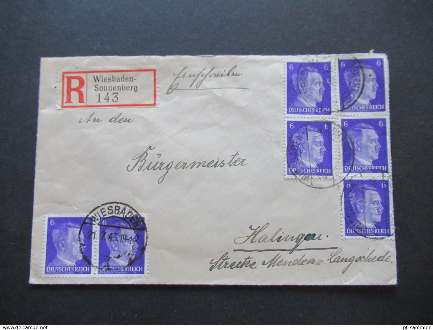 Hitler Nr.785 (7) MeF Einschreiben Wiesbaden Sonnenberg - Halingen Strecke Menden - Langschede Stempel Schwerte (Ruhr) - Cartes Postales