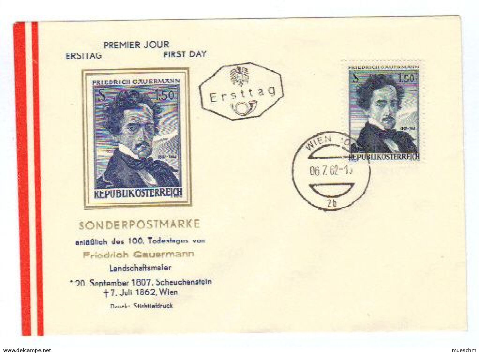 Österreich, 1962, Ersttag "100. Todestag Gauermann" A. Kuvert Mit Ortsstempel Wien, MiNr.1110 (10807X) - FDC
