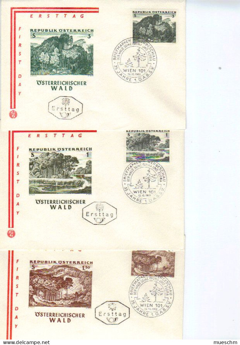 Österreich, 1962, Ersttag Kompl.Satz "Österr.Wald" Auf 3 Kuverts Mit SStpl., MiNr.1123-1125 (10812X) - FDC
