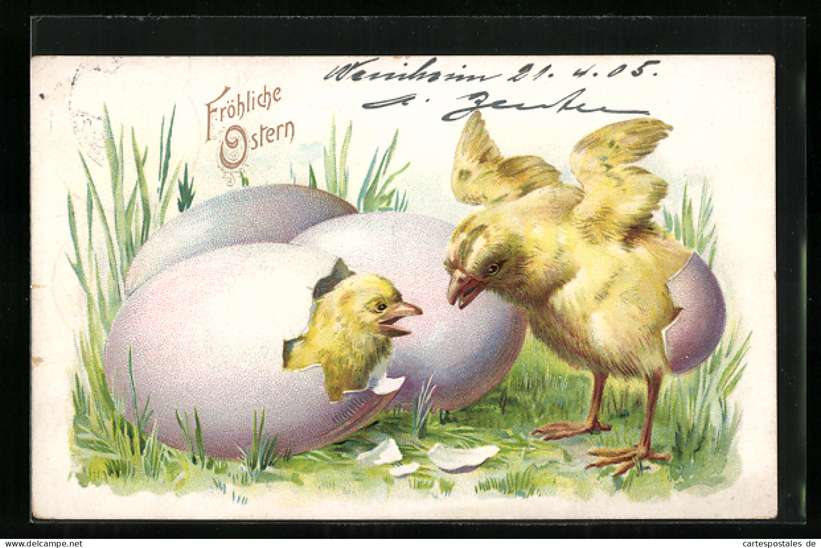 Lithographie Fröhliche Ostern!, Schlüpfende Osterküken  - Easter