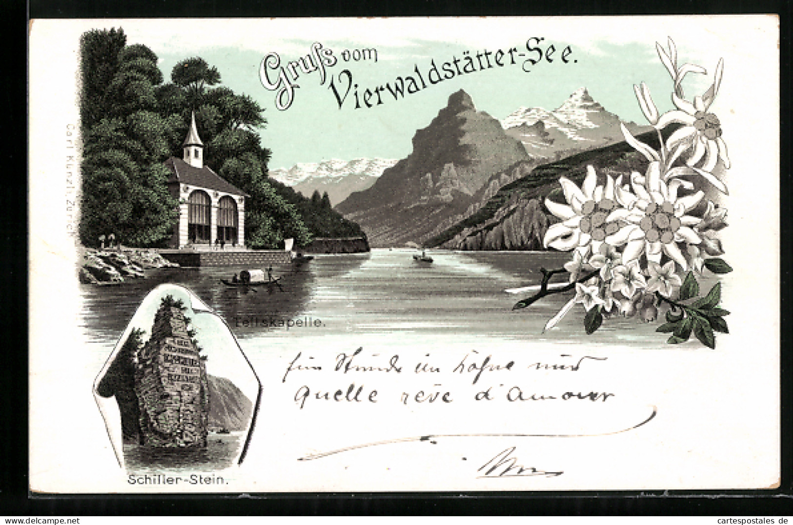 Lithographie Vierwaldstätter-See, Schiller-Stein, Tellskapelle  - Other & Unclassified