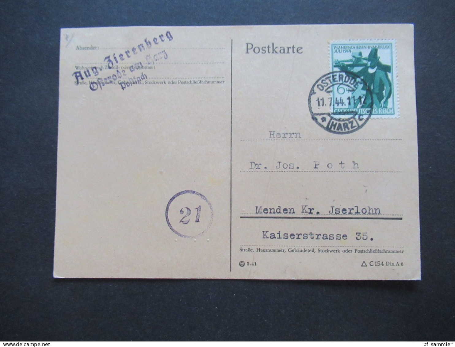 3.Reich 1944 Mi.Nr.897 EF Tiroler Landesschießen Ganz Klarer Tagesstempel Osterode (Harz) Als Fern PK Nach Menden - Covers & Documents