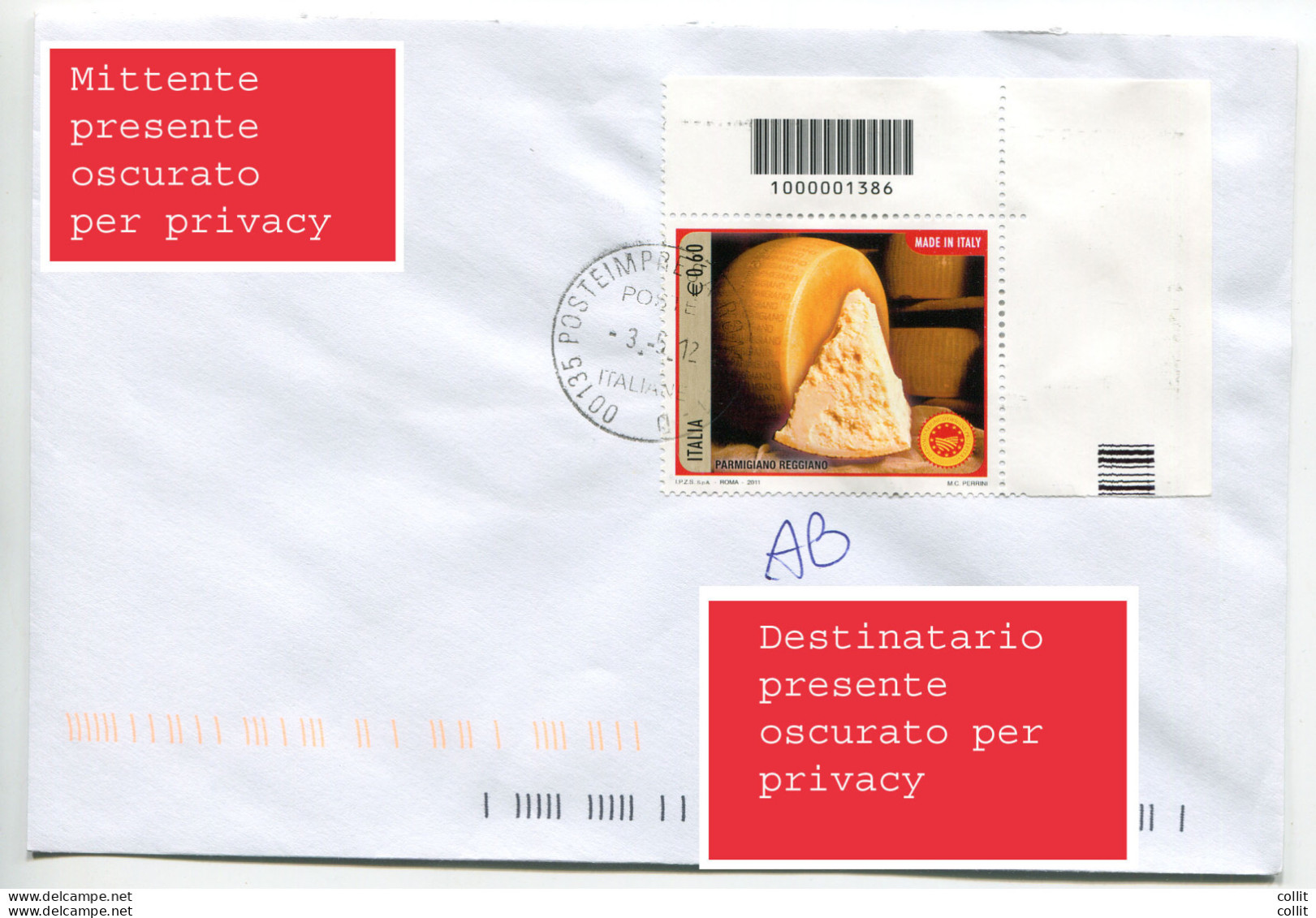 Formaggio Parmigiano Reggiano Con Codice A Barre Isolato Su Busta - 1946-60: Poststempel