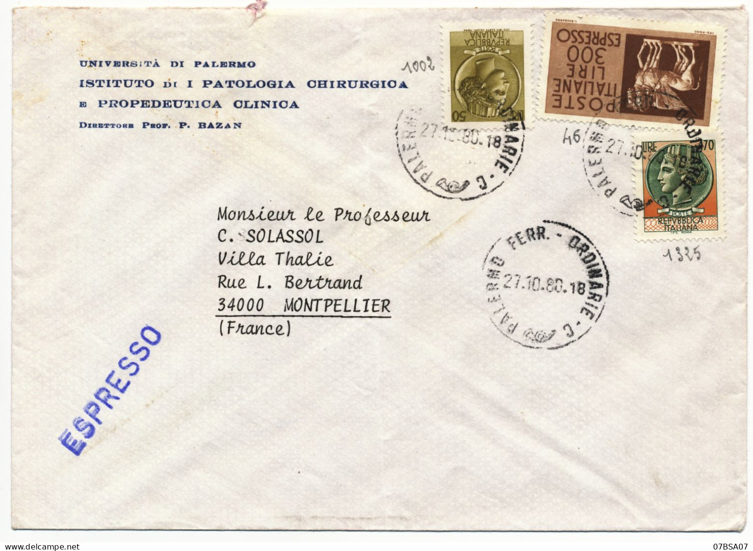 ITALIA ITALIE ENV 1980 EXPESSO PALERMO FERR. ORDINARIE C LETTRE => FRANCE TIMBRE CHEVAUX AILES - 1971-80: Poststempel