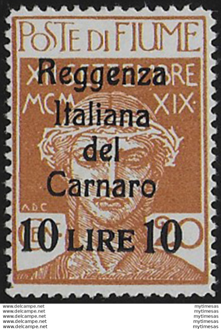 1920 Fiume 10 Lire Su 20c. Ocra Nuovo Tipo MNH Sassone N. 146A - Other & Unclassified