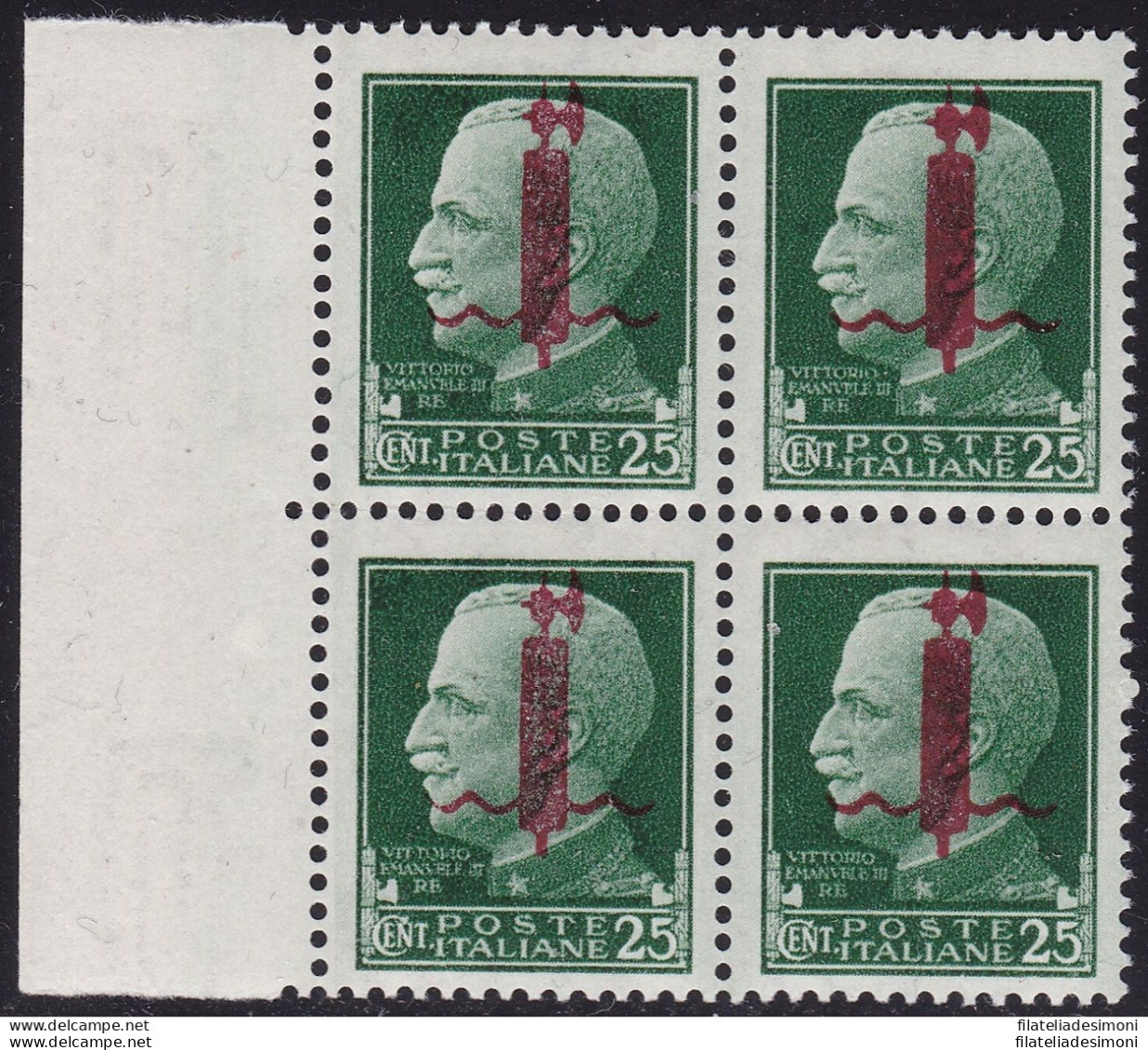 1944 RSI, N° 490 25c. Verde QUARTINA MNH/** Firmata Oliva - Sonstige & Ohne Zuordnung