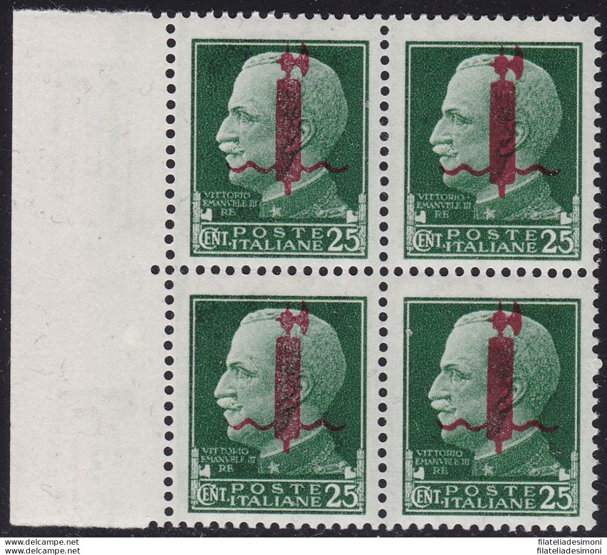 1944 RSI, N° 490 25c. Verde QUARTINA MNH/** Firmata Oliva - Andere & Zonder Classificatie