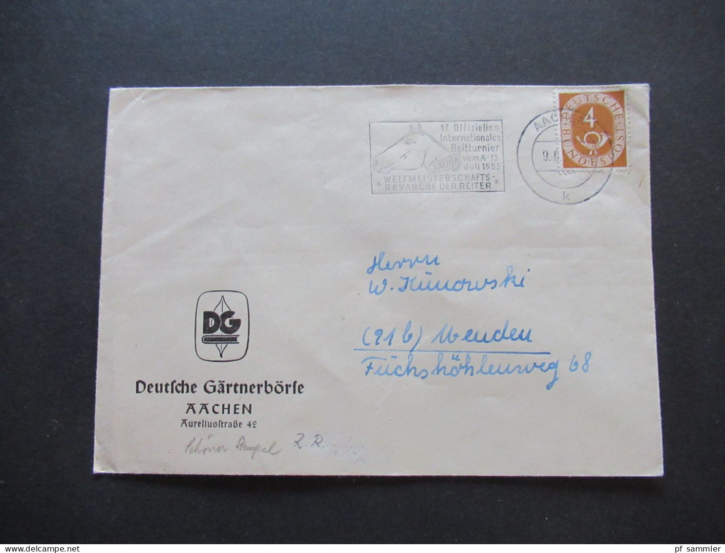 BRD 1951 Posthorn Nr.124 EF Mit MS Aachen 17. Offizielles Int. Reitturnier Weltmeisterschafts Revanche Der Reiter - Covers & Documents