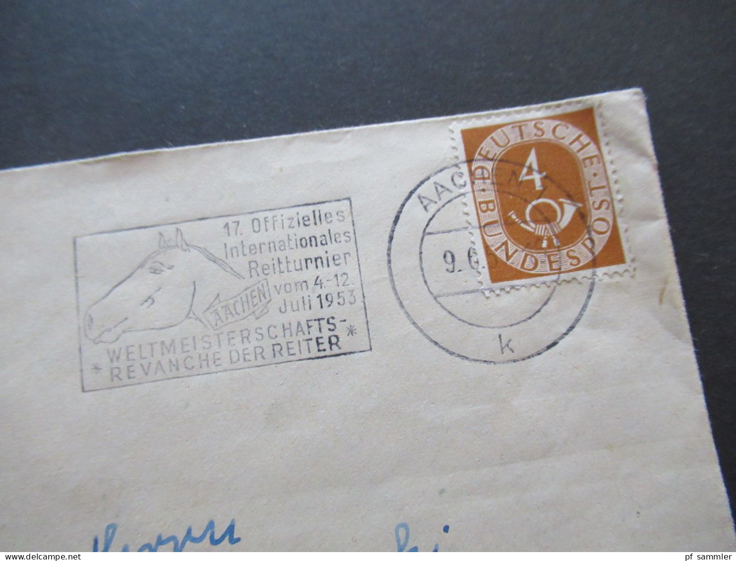 BRD 1951 Posthorn Nr.124 EF Mit MS Aachen 17. Offizielles Int. Reitturnier Weltmeisterschafts Revanche Der Reiter - Cartas & Documentos